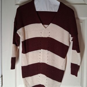 Elegant V-Neck Striped Sweater - Burgundy and Cream